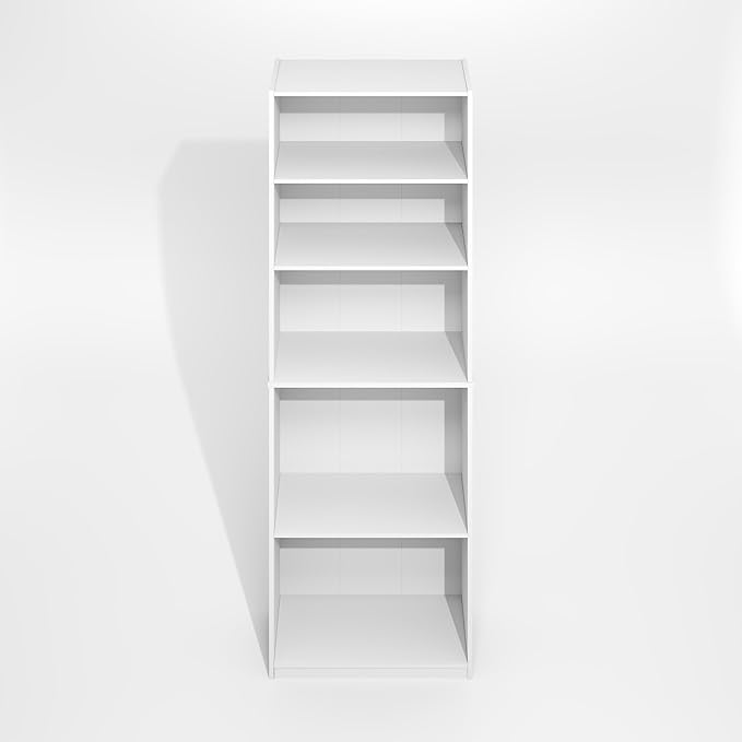 Furinno Jaya Simply Book Shelf, 5-Tier Bookshelf, Bookcase with Adjustable Shelves, 9.5 x 24.5 x 71.2, for Living Room, Bedroom, Home Office, Plain White