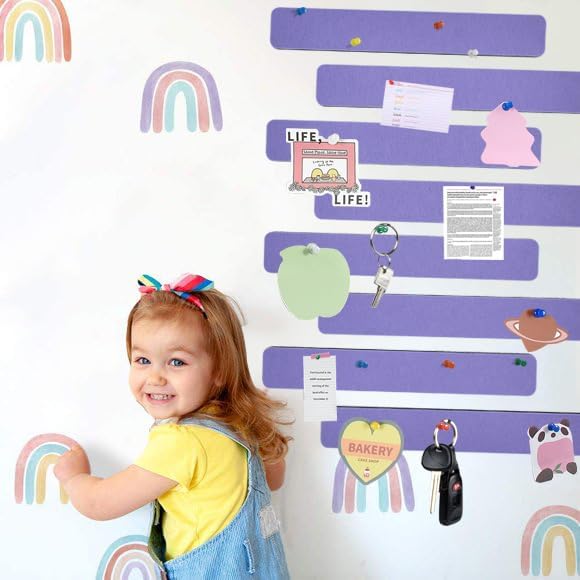 Vuzvuv 8 pcs Bulletin Board Bar Strips with 50 Pushpins & 10 Wooden Clip pins,Self Adhesive Cork Board for Wall,Felt Pin Board for School,Office Decor(Medium Purple)
