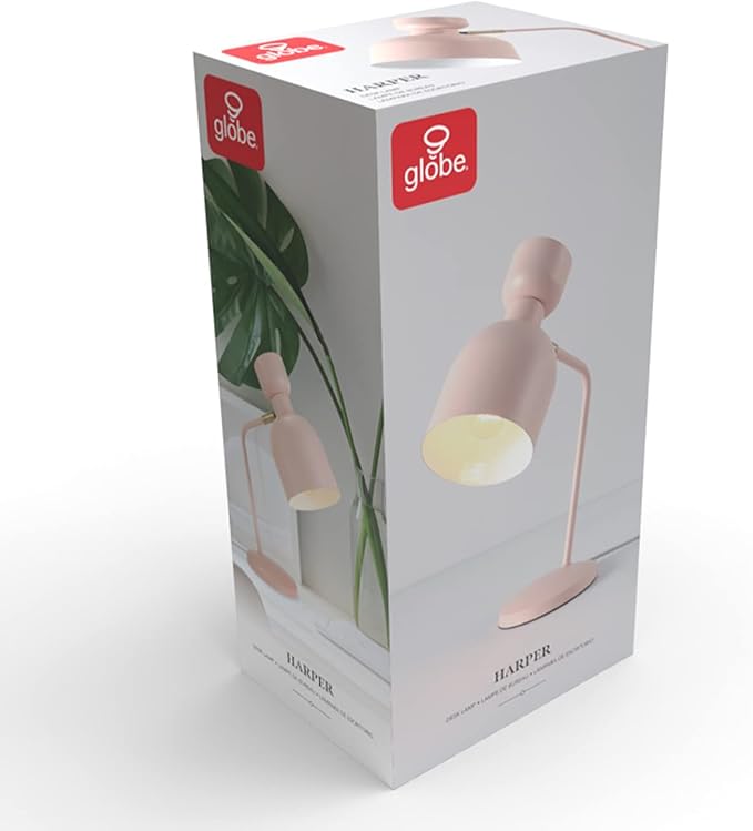Globe Electric 52297 16" Desk Lamp, Matte Pink, Brass Pivot Joint, in-Line On/Off Switch, Reading Light, Dorm Room Essentials, Lamps for Living-Room, Office Supplies, Lights for Home