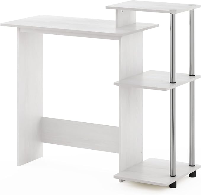 Furinno EFFICIENT Desk, 28.6" Wide Gaming Desk with 3 Open Side Shelves, Laptop Notebook Computer Desk, Office Desk for Home Office, Study Room, Dorm, Bedroom, White Oak/Stainless Steel