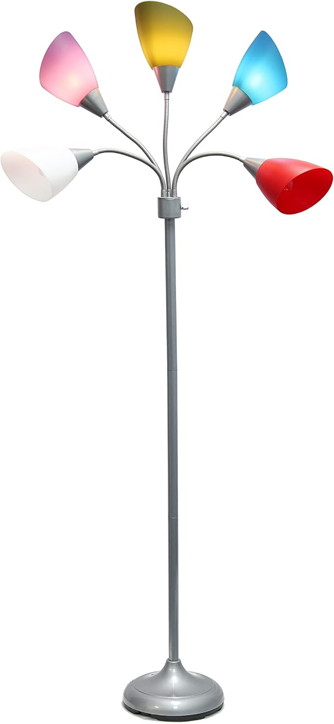 Simple Designs LF2006-SDM 67" Contemporary Multi Head Medusa 5 Light Adjustable Gooseneck Silver Floor Lamp with Primary Dark Multicolored Shades for Kids Bedroom Playroom Living Room Office