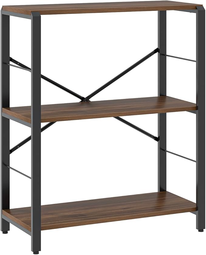 FOLUBAN Small Bookshelf, 3 Tier Rustic Book Shelf with Storage, Industrial Low Short Bookcases for Office, Bedroom and Living Room, Rustic Walnut