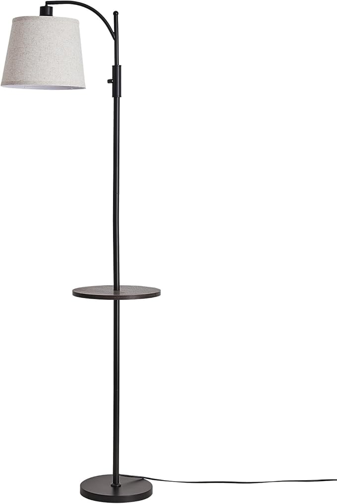 AIDENOEY Fully Dimmable Floor Lamp for Living Room,Standing Lamp Rotary Switch with Table&Linen Beige Shade,Black Tall Lamps for Bedroom with Adjust Head,9W LED Bulb Included