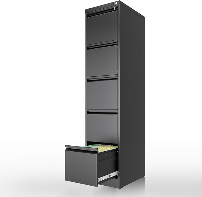 5 Drawer File Cabinet with Lock, Vertical Filing Cabinets for Home Office, Locking File Cabinet Hanging Files for A4/ Legal/Letter, Require Assembly, Black