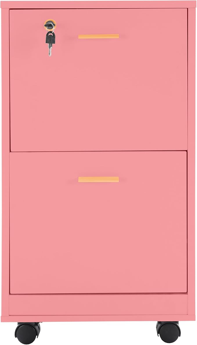 Lavish Home 2 Drawer File Cabinet - Filing Cabinet with Lock - Rolling File Cabinet for Under Desk Storage - Wood Filing Cabinet for Home or Office Organization (Pink)