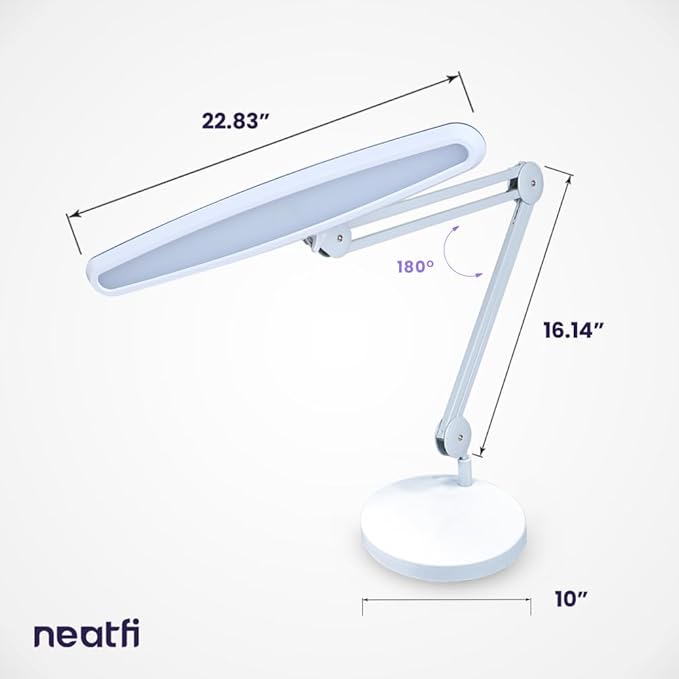 Neatfi XL 24W LED Desk Lamp with Base – 2,200 Lumens | 23” Wide Shade | Dimmable Eye-Caring Task Light | Adjustable Arm | Office, Study, Crafting & Nail Techs (White, Non-CCT with Base)