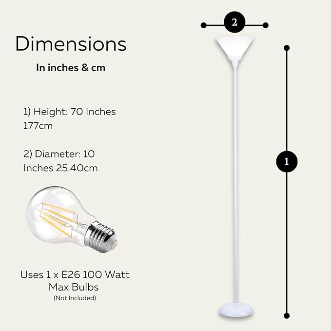 LIGHTACCENTS White Torchiere Floor Lamp - Floor Lamps for Living Room, Bedroom Standing Lamp, Modern Living Room Decor, 70-Inch Pole Light with Opal White Cone Shade - Stylish Tall Lamp