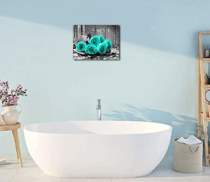 YMYXMC33 Teal Rose Flower Picture Decor Wall Art Canvas Print Black and White Poster Country Love Decoration Bedroom Kitchen Bathroom12x15