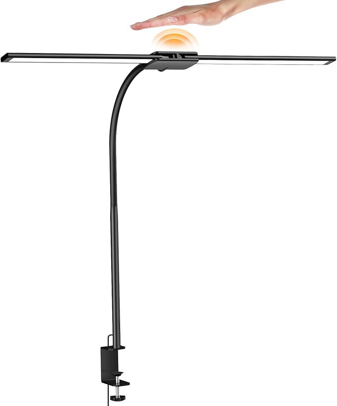 Syrinx LED Desk Lamp for Office Home ā Eye Caring Dual Head Desk Light with Flexible Goose-Neck, Clamp, Motion Sensor/Wired Control, 50 Lighting Modes with Memory/Timer, Table Lamp for Study, Drafting