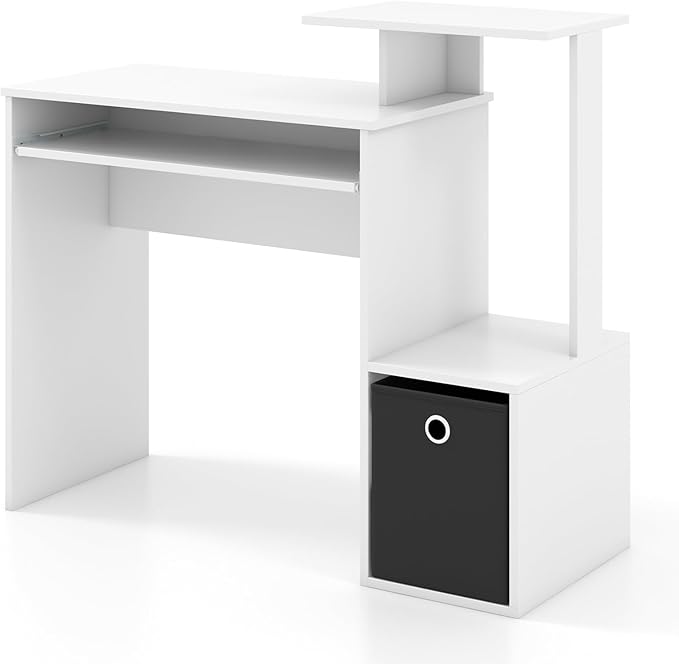 Tangkula Computer Desk with Fabric Drawer & Keyboard Tray, Space-Saving Study Writing Desk with Open Storage Shelves & Printer Stand, Modern Home Office Computer Workstation for Small Spaces (White)