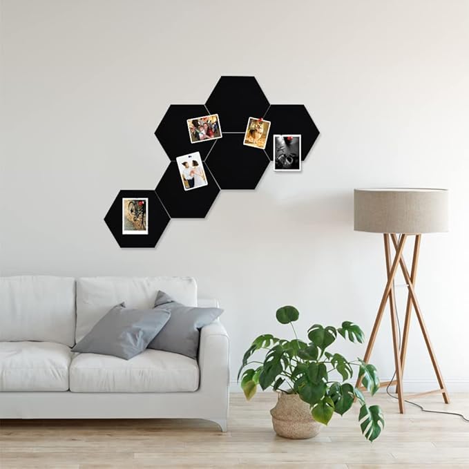 Vuzvuv 6 Pcs Hexagon Bulletin Board with 50 Pushpins & Sticky Note Adhesive Cork Board for Wall,Felt Pin Board for School,Office Decor(Black)
