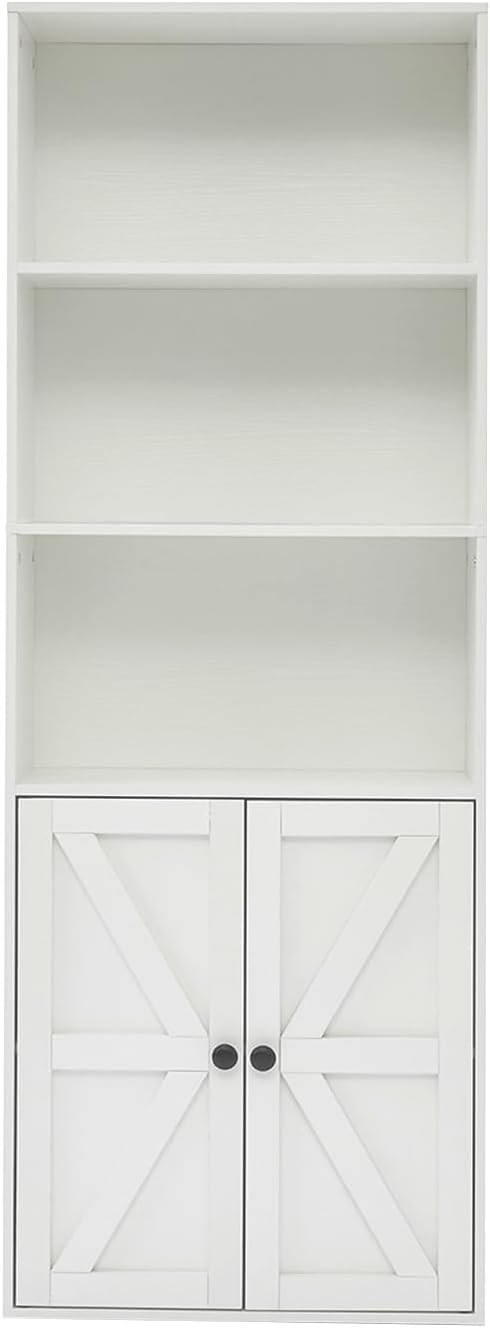 Bookshelves and Bookcases with Barn Doors, Farmhouse Bookshelf with Display Shelves, Floor Standing 5-Tier Book Shelf with Storage Cabinet for Home Office, Living Room, Bedroom, White