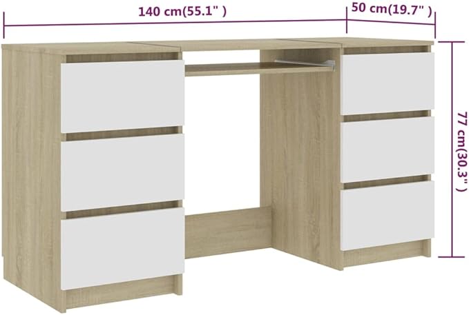 Modern Writing Computer Desk with 6 Drawers, Home Office Desk Writing Study Table PC Desk Workstation for Bedroom, White and Sonoma Oak 55.1"x19.7"x30.3" Engineered Wood(D)