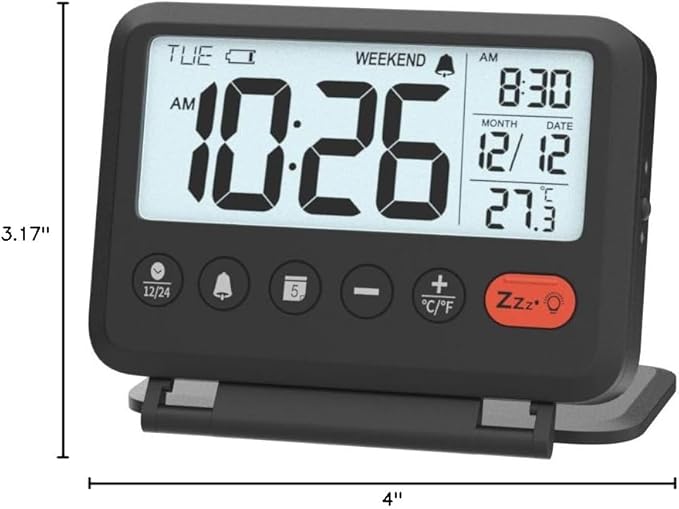 Digital Travel Alarm Clock, Black, 3.54 inch LCD Display, 9-Minute Snooze, 2 Volume Levels, Backlight, Battery Included