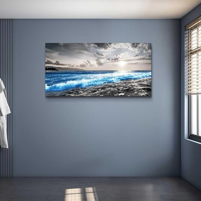 Hyidecorart Framed Canvas Wall Art - Large Size Decor for Office, Living Room, Bedroom - Blue Ocean, Black & White Modern Pictures