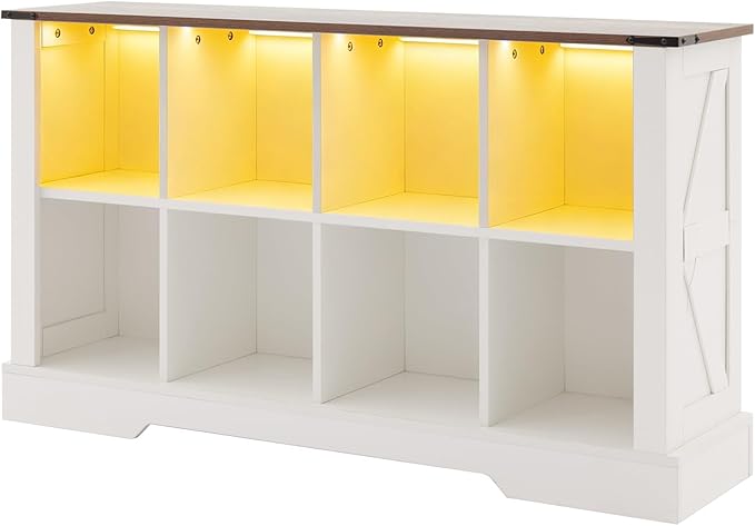 8 Cube Storage Organizer, 2 Tier Book Shelf with Led Lights, Farmhouse Book Shelves for Living Room, Horizontal Toy Storage Bookshelf, Wood Display Bookcase Cabinet for Bedroom, Office, White