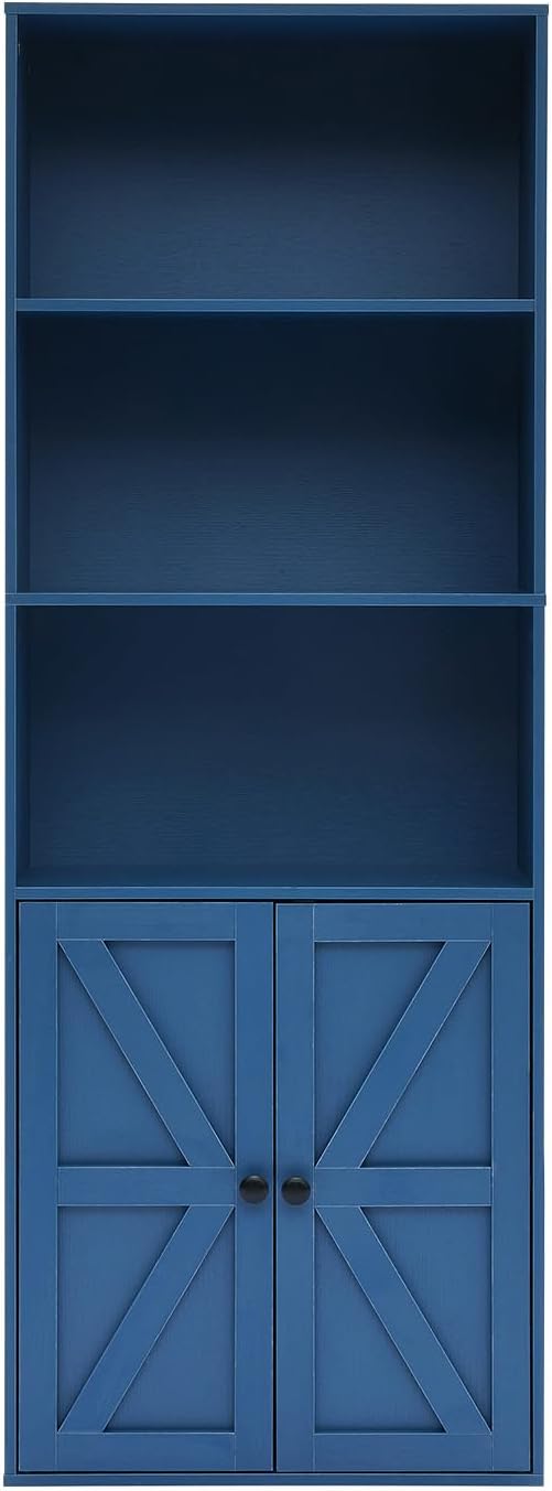 Bookshelves and Bookcases with Barn Doors, Farmhouse Bookshelf with Display Shelves, Floor Standing 5-Tier Book Shelf with Storage Cabinet for Home Office, Living Room, Bedroom, Blue