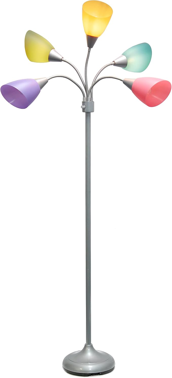 Simple Designs LF2006-SLM 67" Contemporary Multi Head Medusa 5 Light Adjustable Gooseneck Silver Floor Lamp with Fun Light Multicolored Shades for Kids Bedroom Playroom Living Room Office