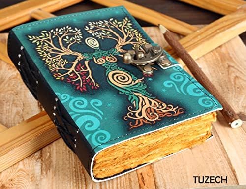 TUZECH Book of Spells Leather Bound Journal Deckle Edge Paper Grimoire Printed Diary Third Eye witchcraft supply and Witch Spell Notebook Antique Vintage Book for Men and Women (Green Lady)