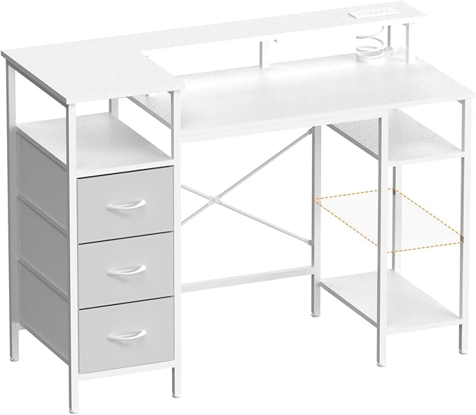 VINGLI 47 Inch L-Shaped Computer Desk, Small Computer Gaming Desk with Fabric Drawers & Storage Shelves, Charging Station, Monitor Stand for Home, Office, White