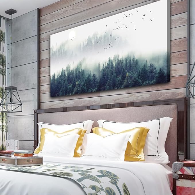 Wapluam Canvas Wall Art For Living Room Bedroom Decor Modern Home Office Decorations Fog Forest Landscape Painting Stretched Framed Pictures Ready To Hang Art Works 40 X 20