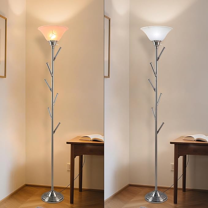 Tall Floor Lamp for Living Room, Torchiere Floor Lamps with 6 Hooks Clothes Rack, Coat Tree of Standing Lamp for Bedroom Office Corner