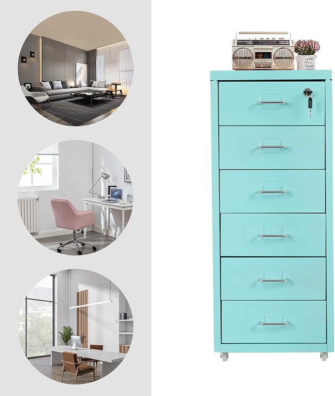 Vertical File Cabinets, 6 Tier Metal File Cabinet with Lock, Multi Drawer Cabinet for Home Office, Assembly Required (Blue)
