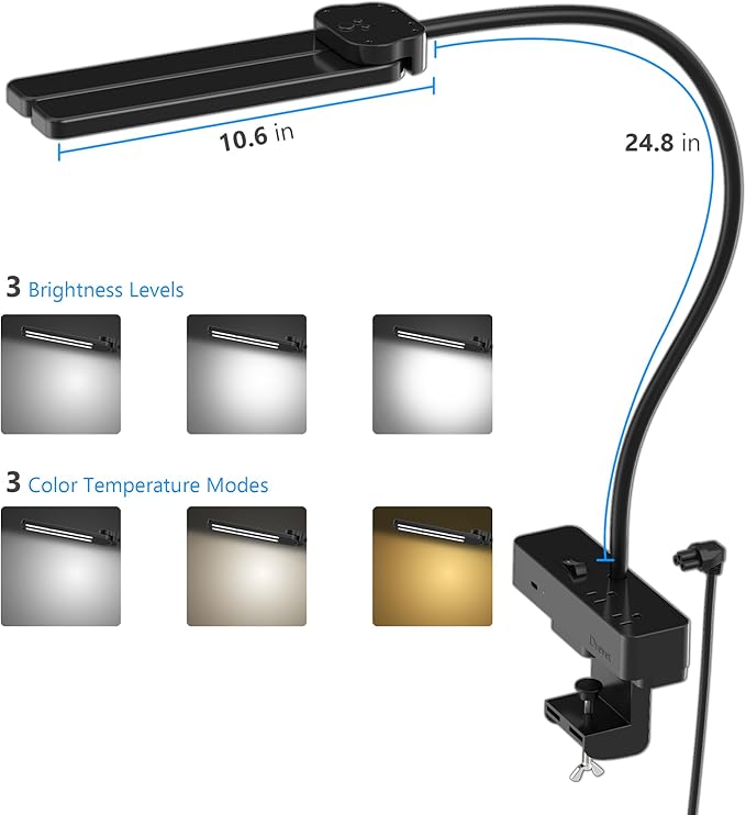 LED Desk Lamp for Home Office, Eye-Caring Clip-On Desk Light with Flexible Gooseneck, 2AC&1USB-C Charging Port, 3 Brightness & 3 Color Modes, Eye-Caring Table Lamp for Study, Reading and Dorm (Black)