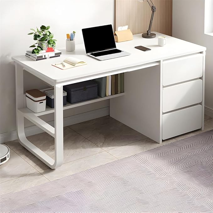 NIUYAO Small Computer Desk with 3-Tier Drawers Modern Writing Table Storage Shelves Work Desk PC Table Home Office Corner Study Desk Without Chair (Wood, 55" L x 19.5" W x 29" H)