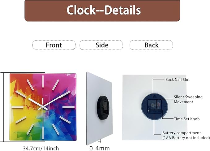 Square Glass Wall Clock Silent Analog Wall Clocks Battery Operated 14 Inch Colorful Wall Clock for Kitchen