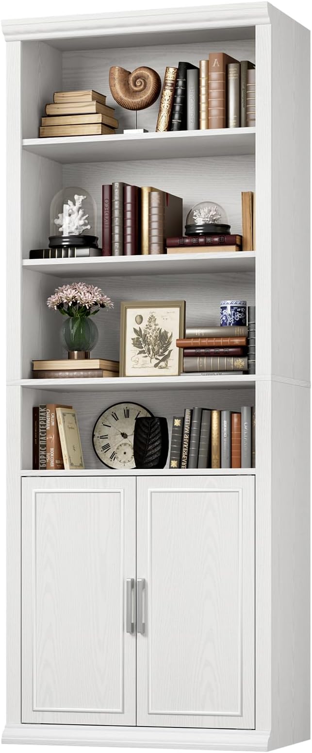Rresyet 28" W Bookcase and Bookshelf with Doors, Modern Tall Bookshelf 6-Tier White Bookshelves with Storage Cabinet for Office, Living Room, Library