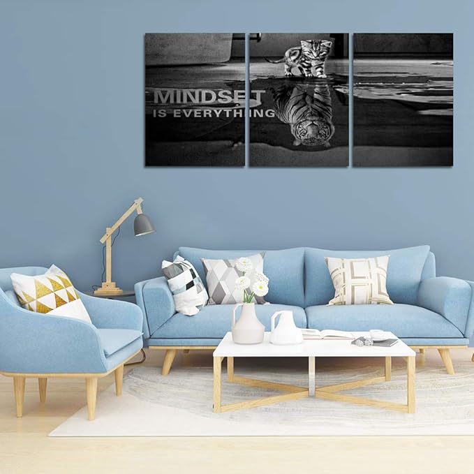 Motivational Canvas Print Wall Art Cat Poster Positive Decor 3 Pieces Inspirational Entrepreneur Quotes Painting Picture Framed Artwork Office Home Decoration - 72" W x 36" H