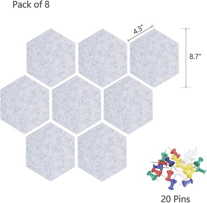 Felt Hexagon Bulletin Board with 20 Push Pins, Pack of 8 Notice Boards for Home Office Kitchen, Push Pin Board Felt Wall Tiles for Photos Memos