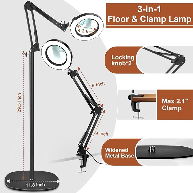 LANCOSC 10X Magnifying Glass with Light and Stand, Real Glass Lens, 5 Color Modes Dimmable, 3-in-1 Adjustable Swing Floor Lamp, LED Lighted Hands Free Magnifier & Clamp for Reading, Crafts, Painting