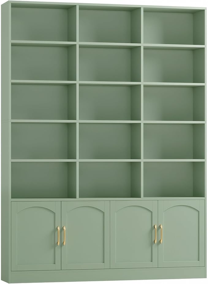 FACBOTALL 82.3" Triple Wide Bookshelf, 7-Tier Tall Bookcase with 15-Cube Open Bookshelf & 4 Doors, Large Bookshelf with Storage Cabinet, Modern Bookshelf for Living Room, Office, Study Room, Green