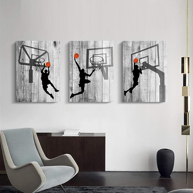 Lapremoly Canvas Wall Art For Living Room Wall Decorations For Bedroom 3 Piece Boy's Room Decor Black And White Pictures Sport Play Basketball Wall Paintings Office Prints Artwork Modern Home Decor