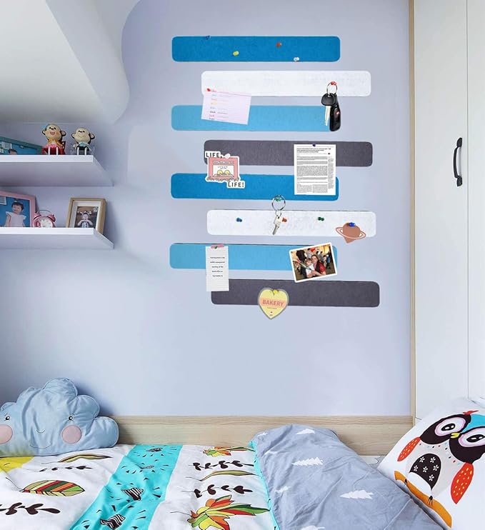 Vuzvuv 8 pcs Bulletin Board Bar Strips with 50 Pushpins & 10 Wooden Clip pins,Self Adhesive Cork Board for Wall,Felt Pin Board for School,Office Decor(Blue White Grey)