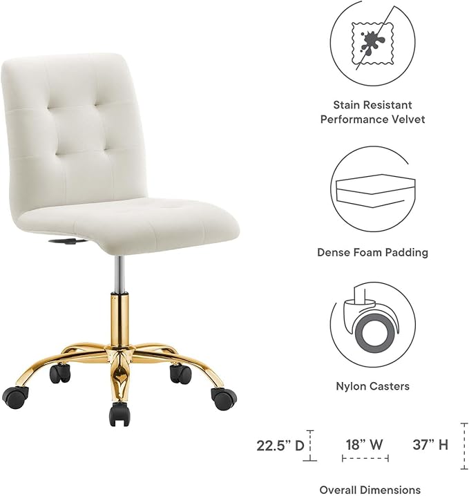 Modway Prim Armless Performance Velvet Office Chair in Gold Ivory