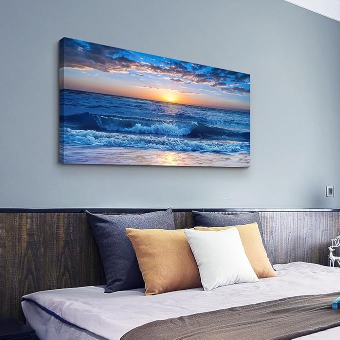Wapluam Canvas Wall Art For Living Room Modern Decor For Bedroom Ocean Beach Wall Paintings Blue Sea View Wave Wall Pictures Prints Artwork Office Decor Room Aesthetic Home Decoration 20"X 40"