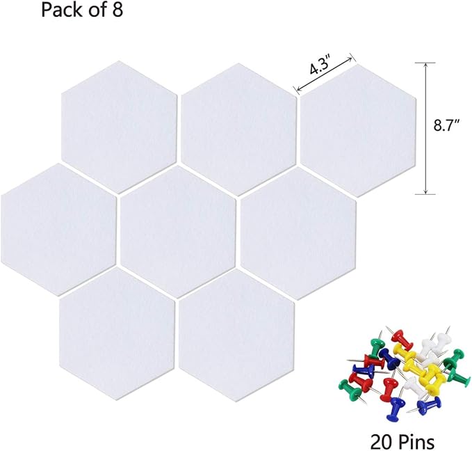 Felt Hexagon Bulletin Board with 20 Push Pins, Pack of 8 Notice Boards for Home Office Kitchen, Push Pin Board Felt Wall Tiles for Photos Memos