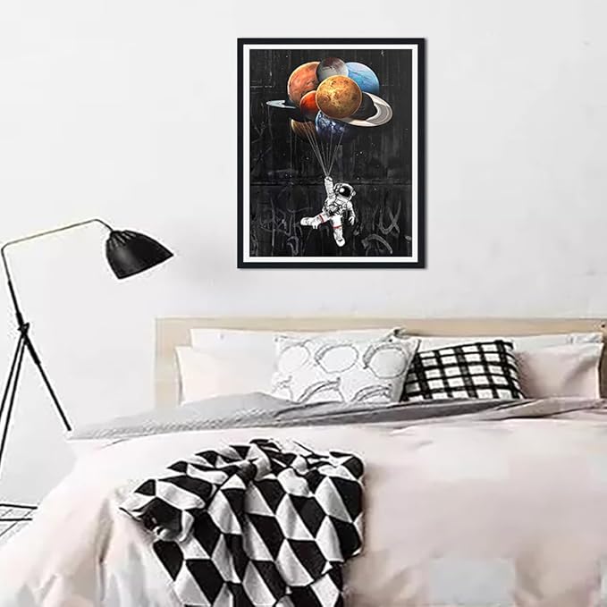 Space Framed Wall Art, Astronaut Holding Floating Planet,Cosmic Galaxy Canvas Print, Modern Home Office Decor, Stretched Ready to Hang, 12.5x16.5 Inches