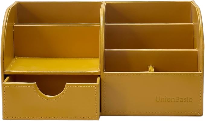 UnionBasic Desk Organizer - Multifunctional Leather Desktop Pen Holder Storage Box - Business Card/Pen/Pencil/Mobile Phone/Stationery Holder, Mineral Yellow