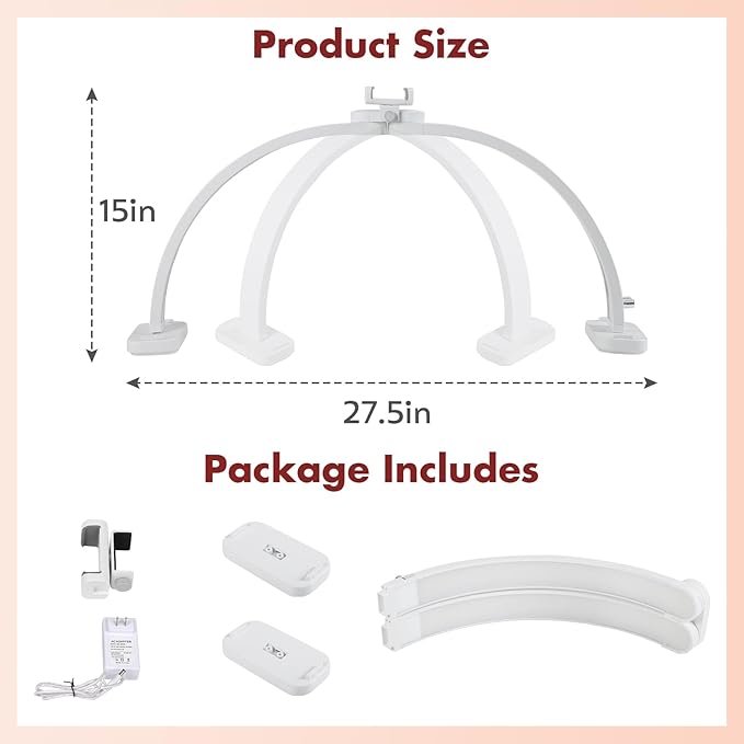 FAHKNS Half Moon Light for Nail Desk with Phone Holder, Upgraded 28-inch Foldable Half-Moon Lamp, LED Light for Manicure, Eyelash Extension, Tattooing, Craft, White