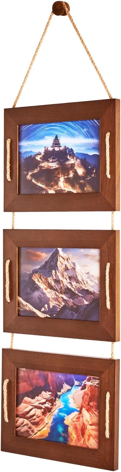 DLQuarts 5x7 Hanging Picture Frames Collage Wall Decor, 3 Opening 5x7 Matted to 3.5x5 Photo Rustic Wood Frame, Dark Walnut