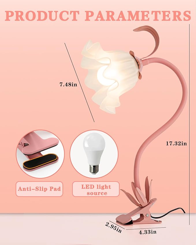 Flower Lamp Clip on Light, 3 Color Modes Eye-Caring Desk Lamp with Clamp, Dorm Room Essentials, Flexible Neck Reading Clamp Lamps for College Bedside Bookshelf Studying Room (Pink)