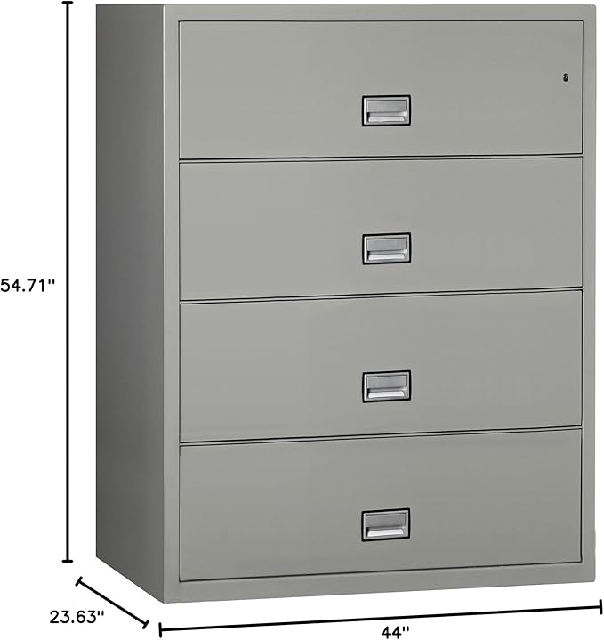 44 inch Wide 4-Drawer Lateral Fireproof File Cabinet – Legal and Letter Size Filing – Key Lock – Water Resistant – Fire Safe and Impact Rated – Light Gray Finish – Model LAT4W44LG