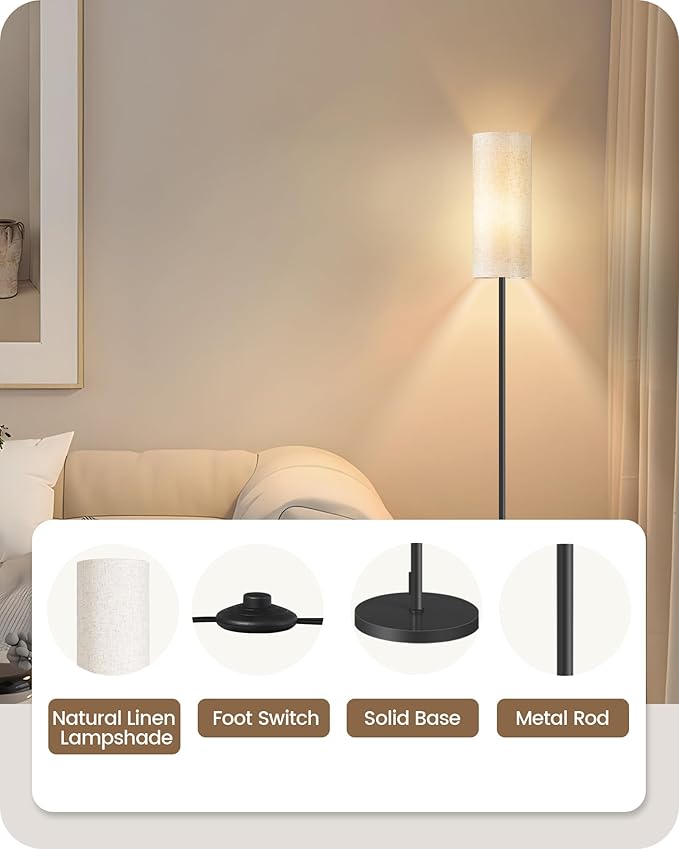 2 Pack Floor Lamp, Pole Lamp with Foot Switch, Modern Standing Lamp, Minimalist Freestanding Lamp (Bulb Not Included), for Living Room, Bedroom Office, Black and Beige, E16LDP205