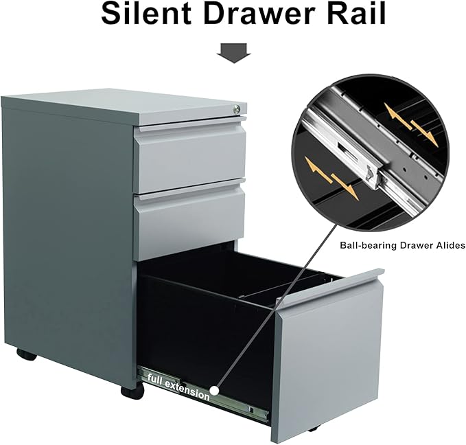 3-Drawer Mobile File Cabinets Rolling ,Vertical Metal Filing Cabinet for Legal & Letter File Anti-tilt Design with Lock Under Desk Office Drawers Fully Assembled (Grey)