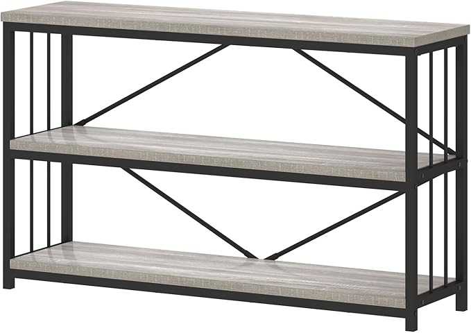 IBF 47" Gray 3 Tier Low Bookcase,Industrial Modern Short Horizontal Etagere Bookshelf, Simple Wide Open Rustic Metal and Wooden Book Shelf for Bedroom Living Room Home Office Storage, Light Grey Oak
