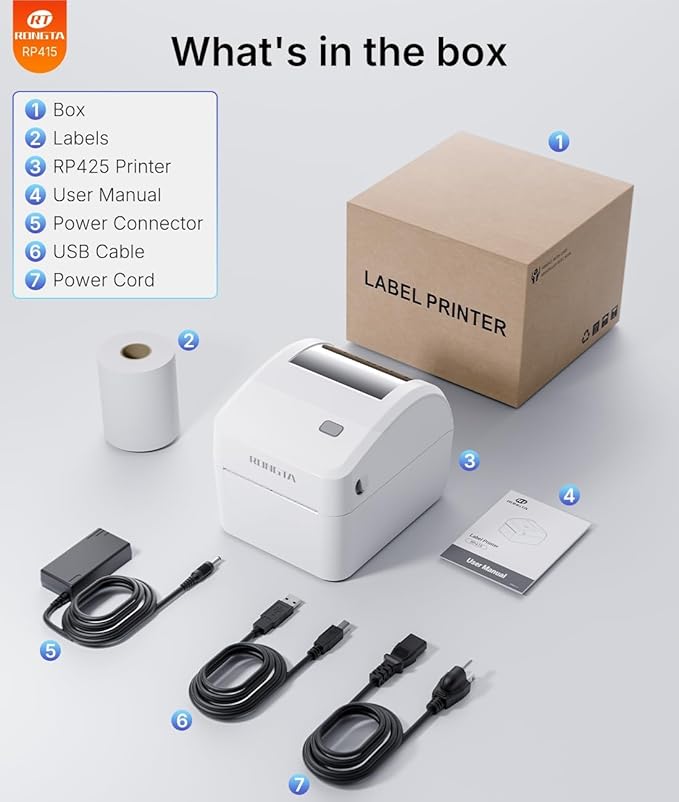 Rongta Bluetooth Shipping Label Printer RP415, Wireless 4x6 Thermal Label Printer for Shipping Packages, Small Business, Home, Office, Compatible with Amazon, Etsy, USPS, Shopify